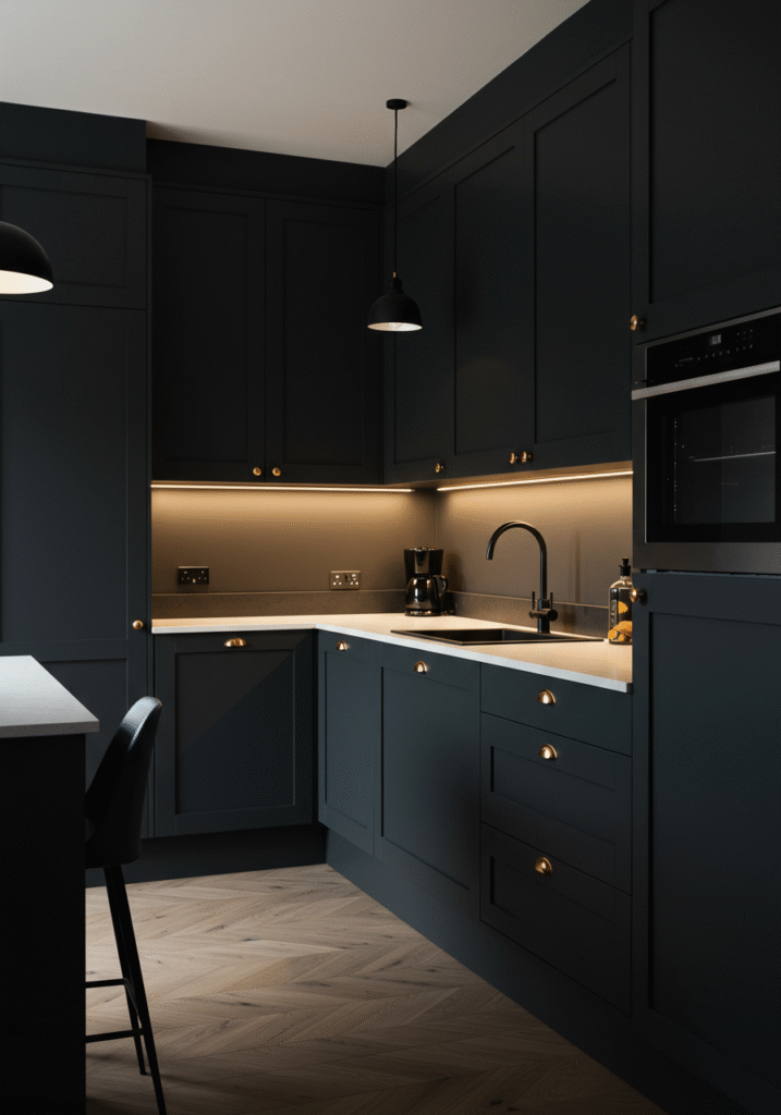 black cabinets white countertops 14