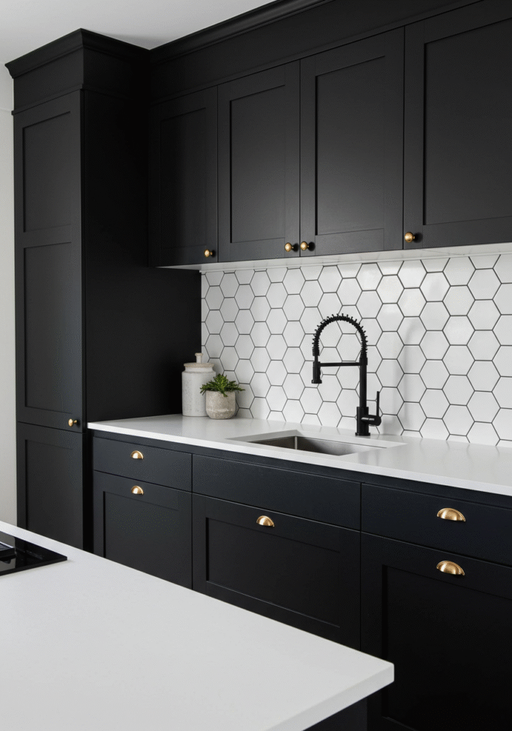 black cabinets white countertops 7