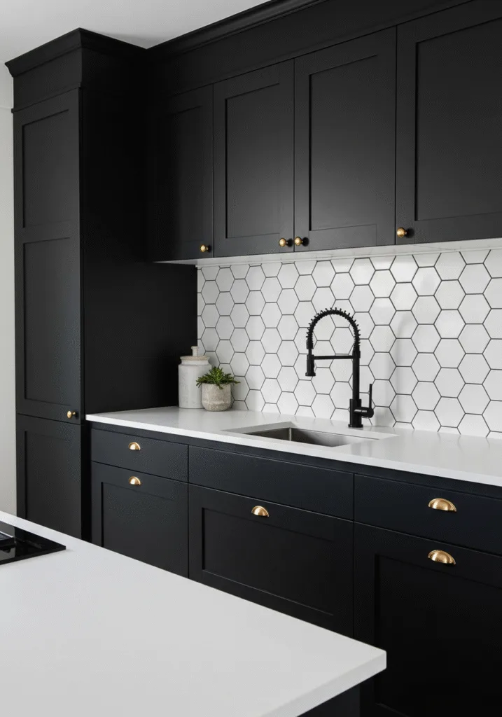 black cabinets white countertops 7
