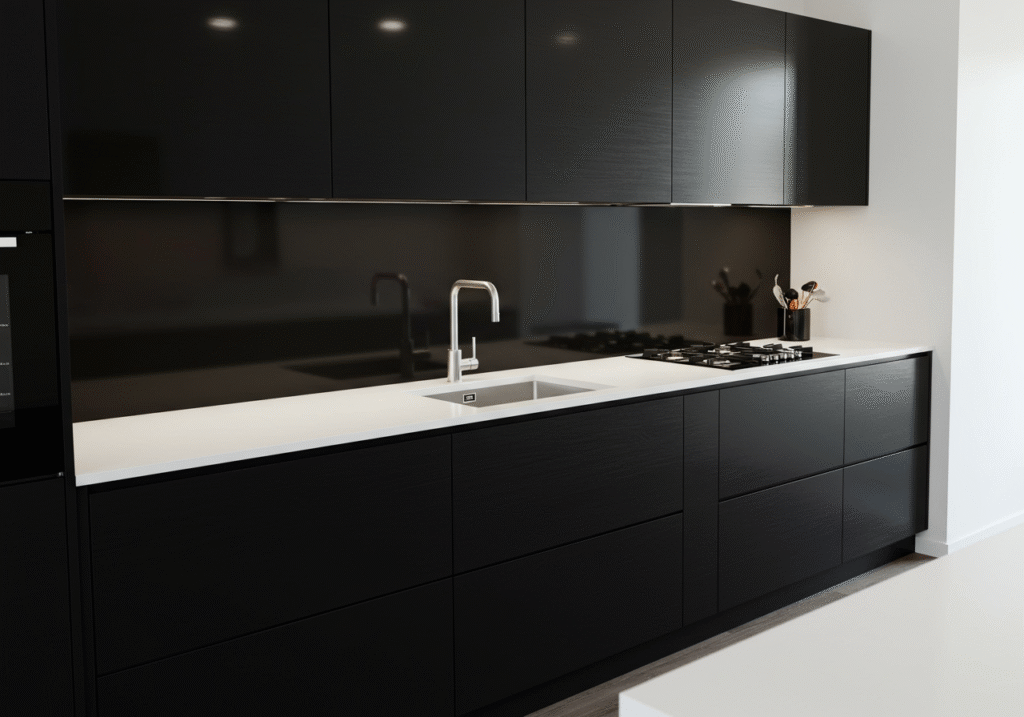 black cabinets white countertops FI