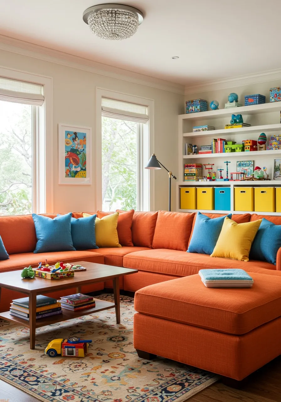 orange couch living room ideas 13