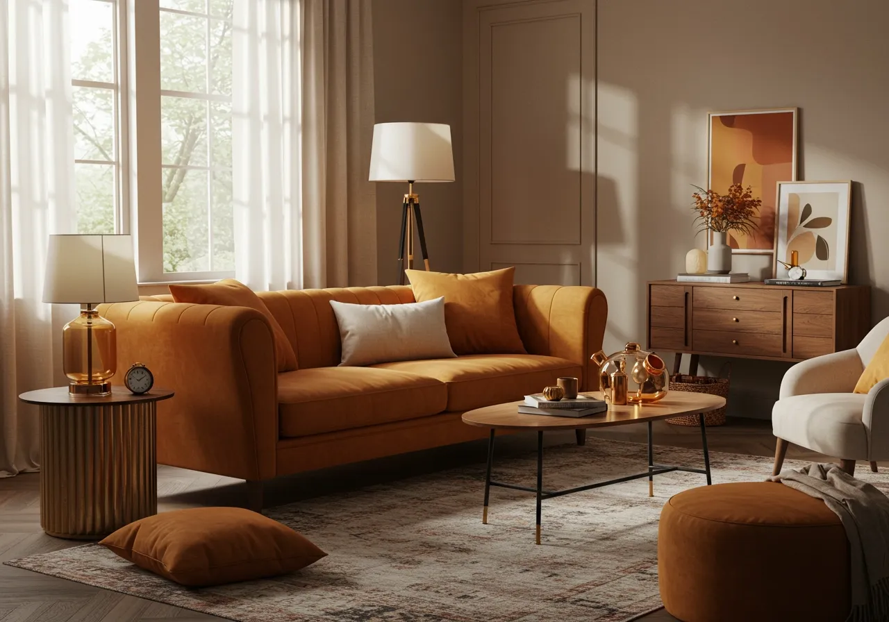 orange couch living room ideas FI